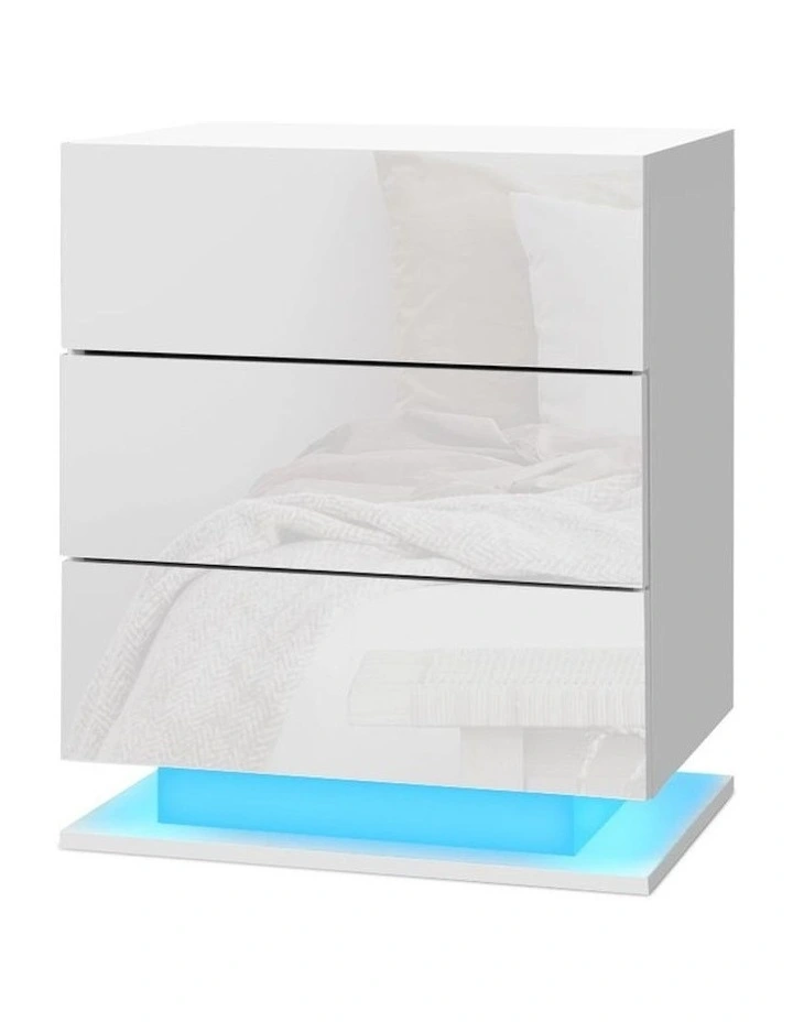 LED 3 Drawers Mori Bedside Table in White