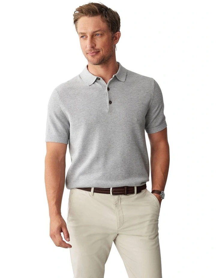 Textured Knit Polo Shirt in Grey Marle
