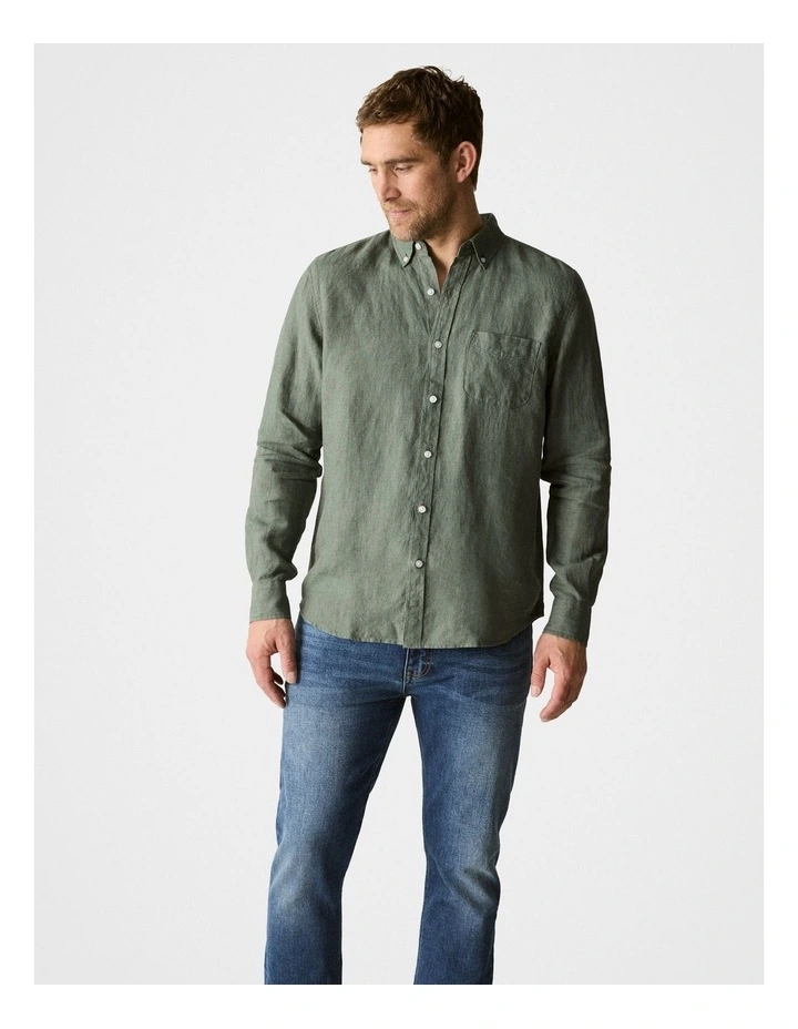 Regular Fit Delave Linen Long Sleeve Shirt in Dark Green