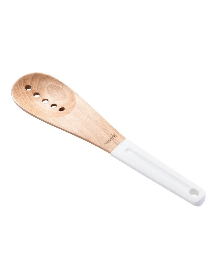 Rustic Beech Wood Slotted Spoon with Silicone Grip 30x6.5x1.5cm in White