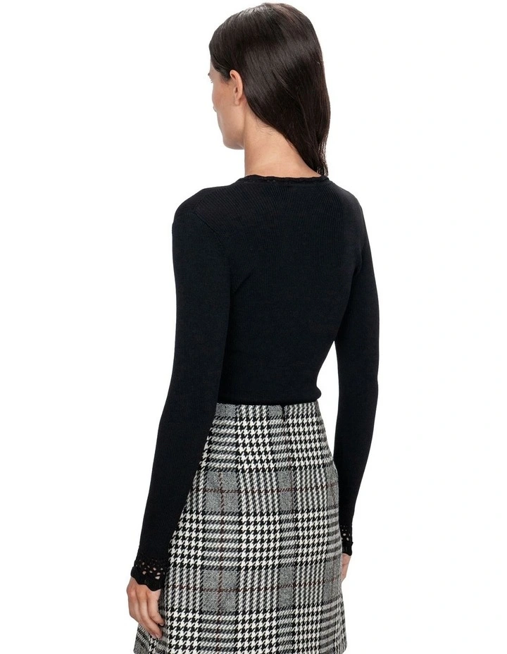 Long Sleeve Lace Trim Knit in Black