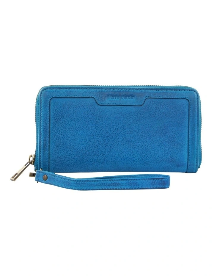 Leather Zip Around Wallet Wristlet in Aqua