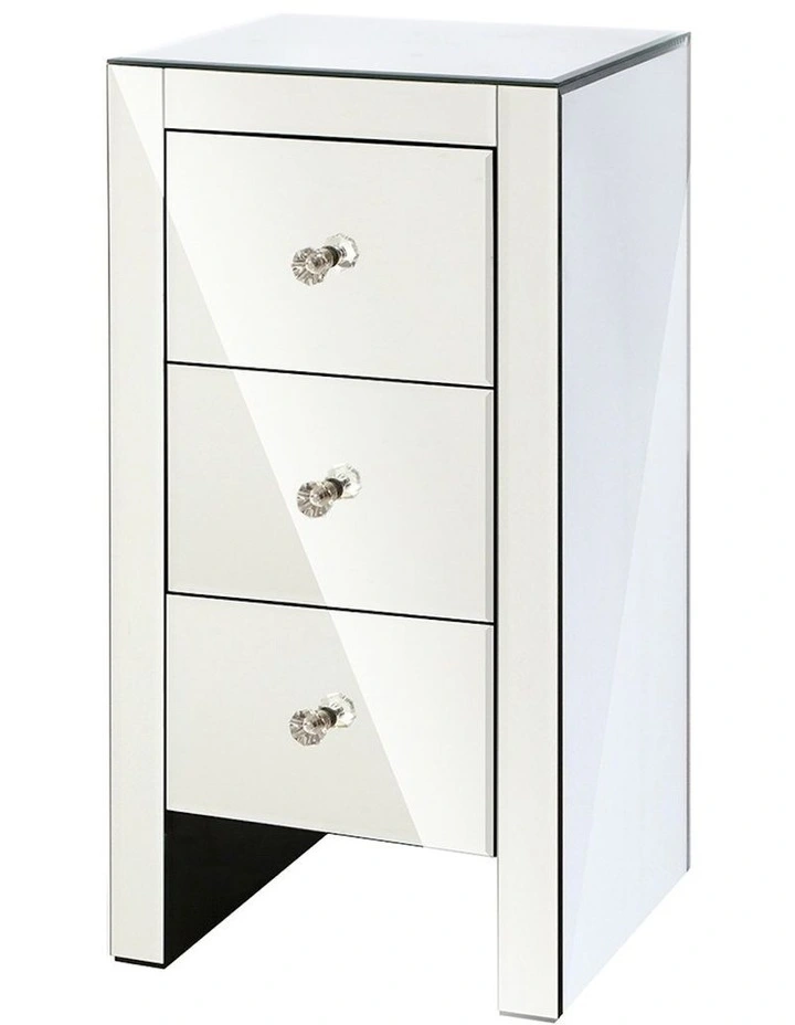QUENN Mirrored Bedside Table 3 Drawers in Silver