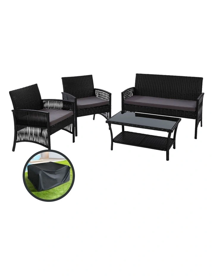 Outdoor Sofa Set 4PCS with Storage Cover Wicker Harp Chair Table in Black