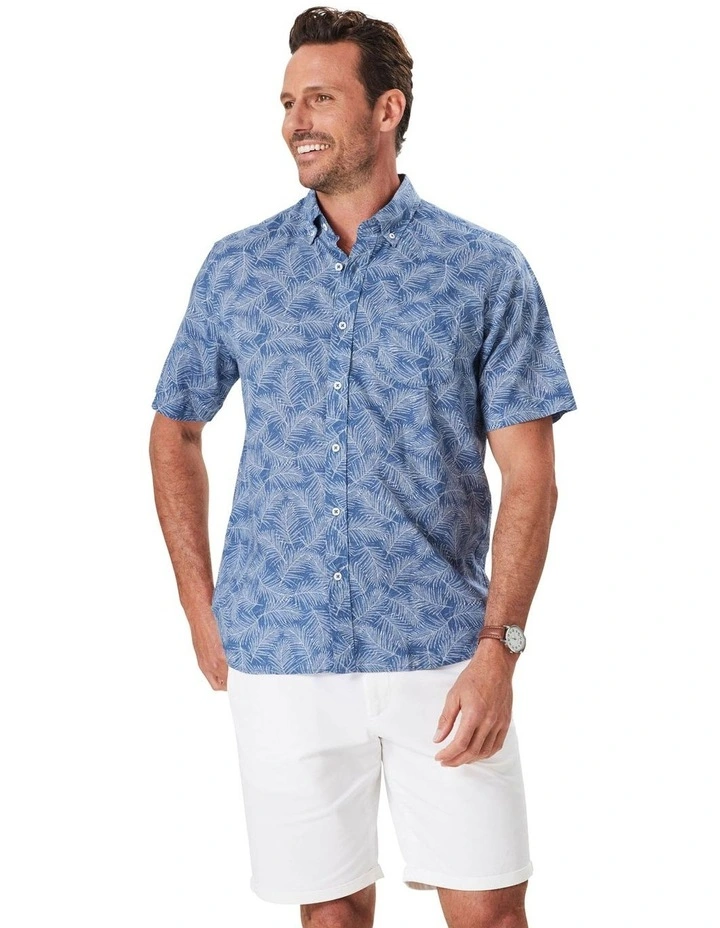 Linen Blend Leaf Print Short Sleeve Shirt in Navy