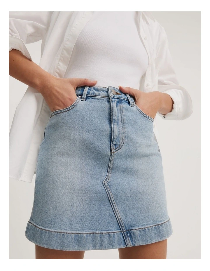 Australian Cotton Blend Denim Mini Skirt in Aged Soft Wash