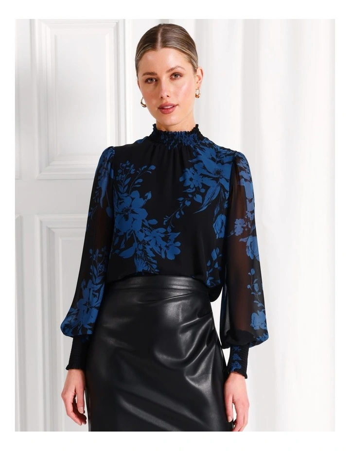 Recycled High Neck Shirred Top in Black