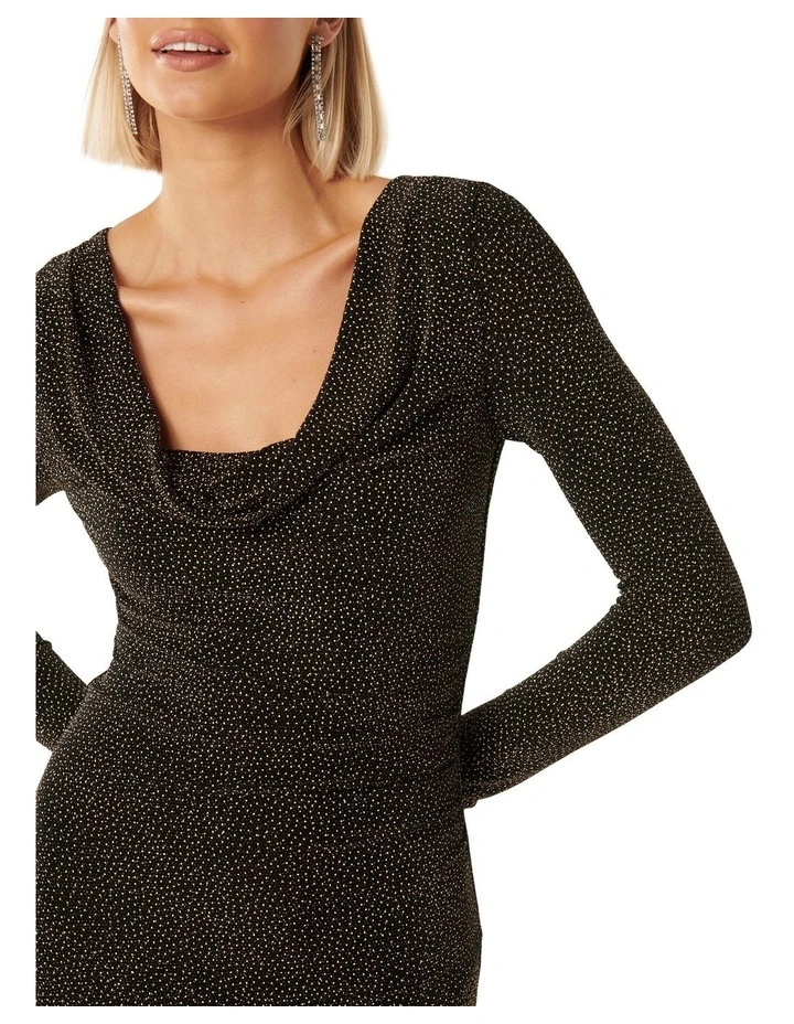 Reva Cowl Neck Glitter Midi Dress in Gold/Black
