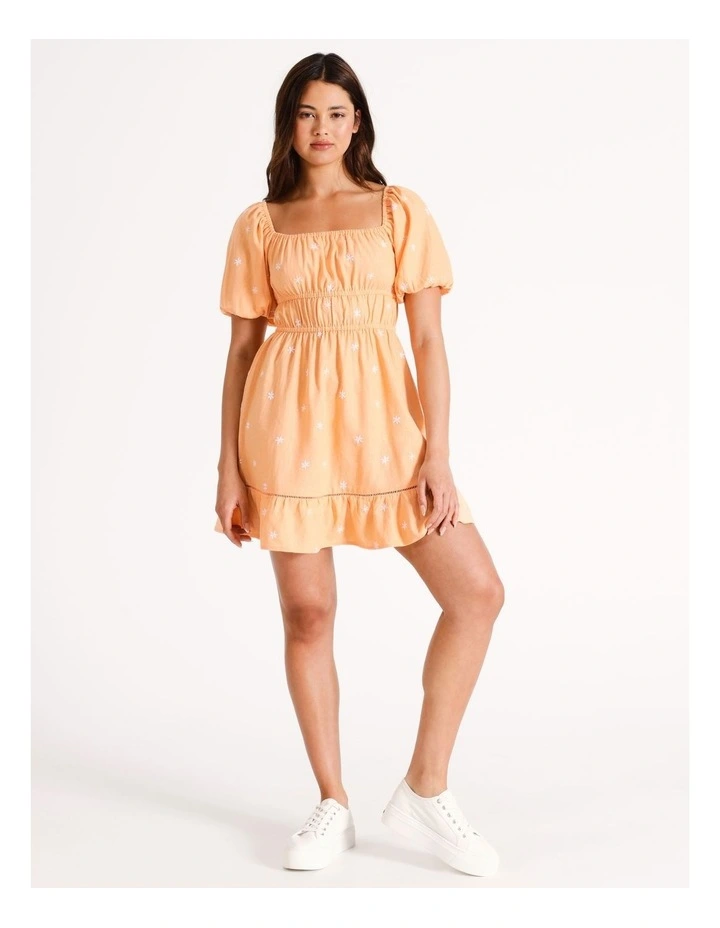 Linen Embroidered Mini Dress in Orange