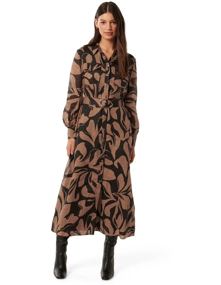 Janie Printed Shirt Midi Dress in Brown/Black
