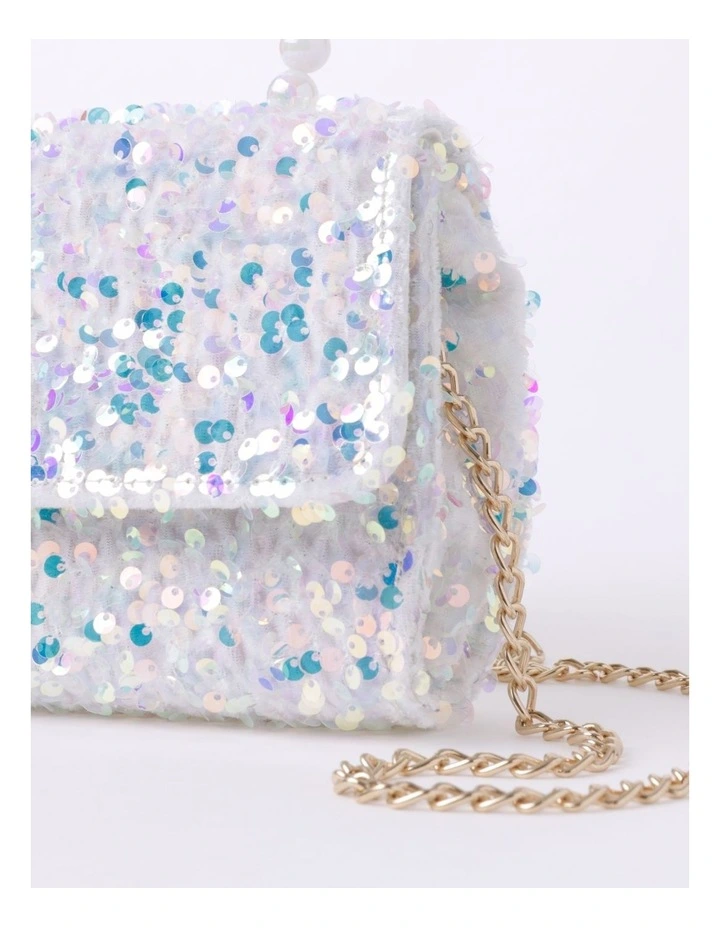 Sequin Pearl Handle Bag In White