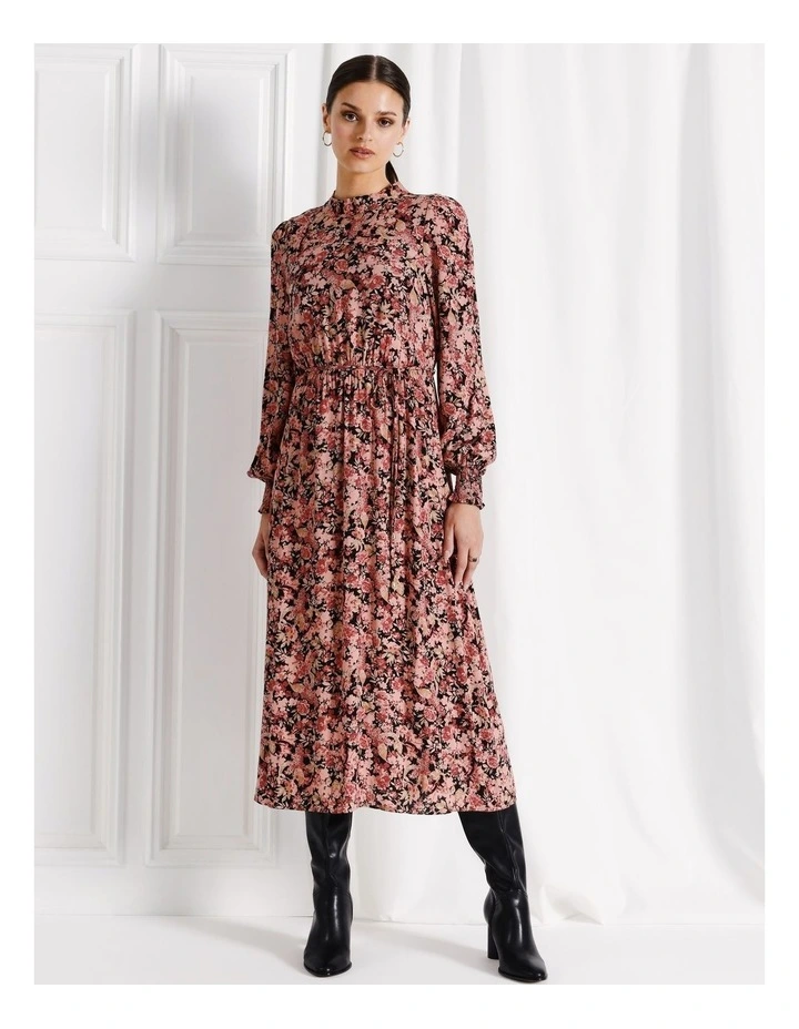 Long Sleeve Shirred Cuff Midi Dress in Rouge