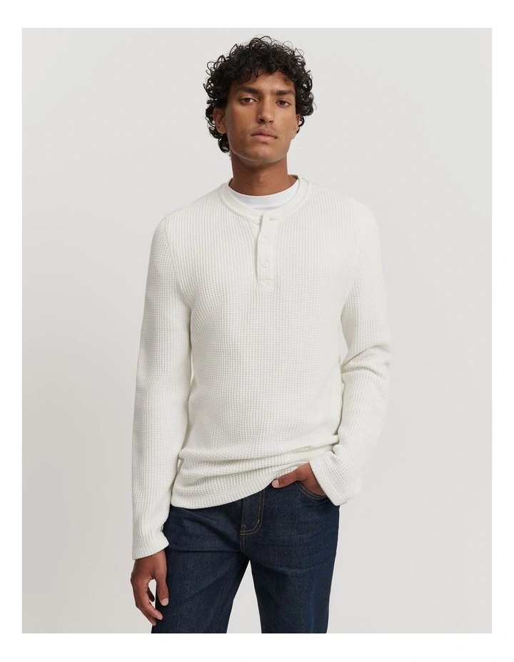 Australian Cotton Blend Waffle Henley Shirt in White