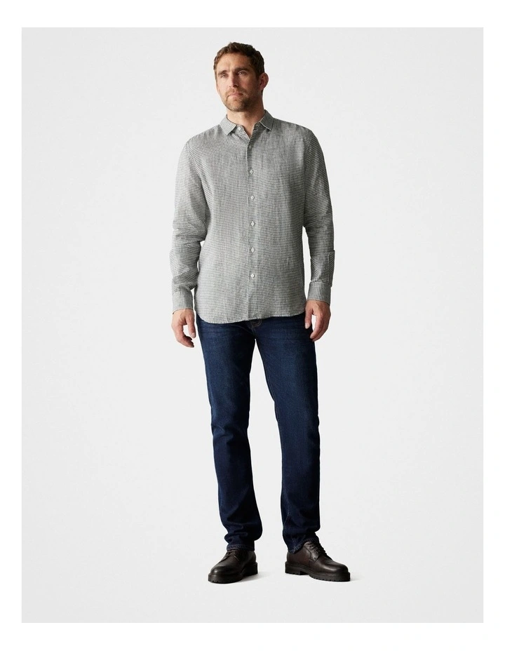 Tailored Fit Linen Mini Grid Check Shirt in Dark Green