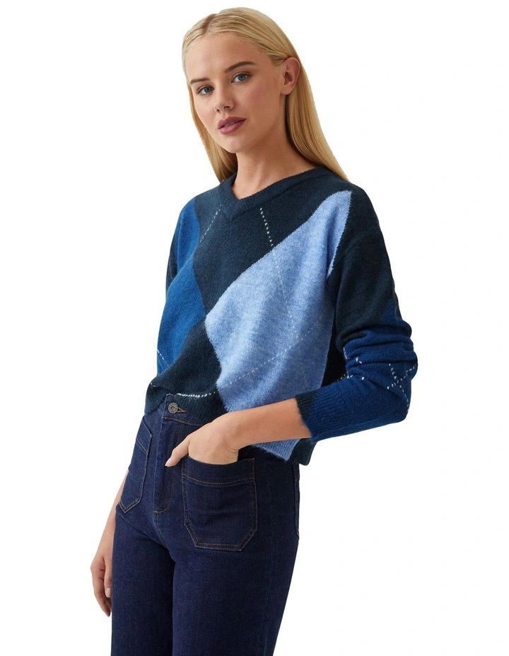 Lowen Argyle V-neck Knit Jumper in Navy