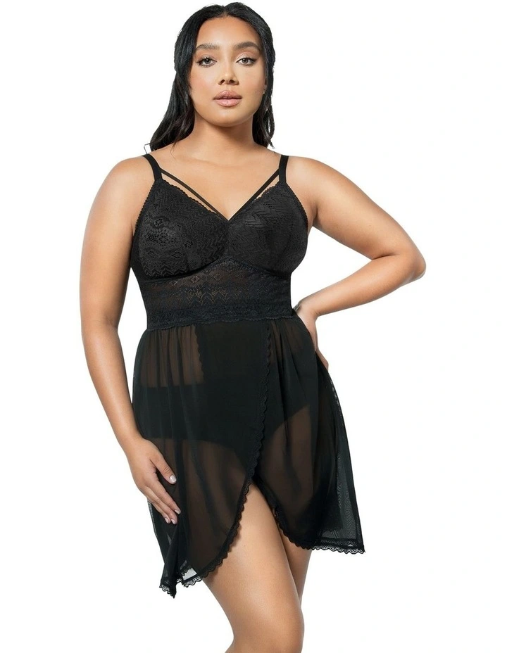 Mia Lace & Mesh Padded Full Bust Chemise in Black