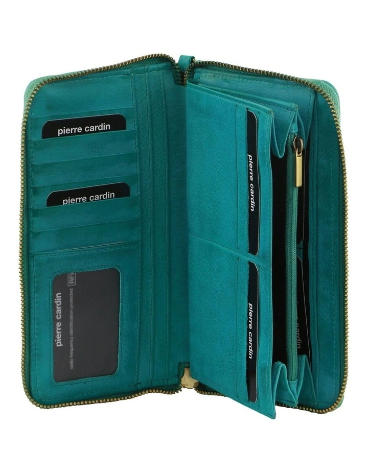 Leather Zip Around Wallet with Wristlet in Turquoise