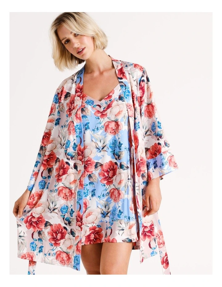 Pebbled Satin Robe in Pink Floral