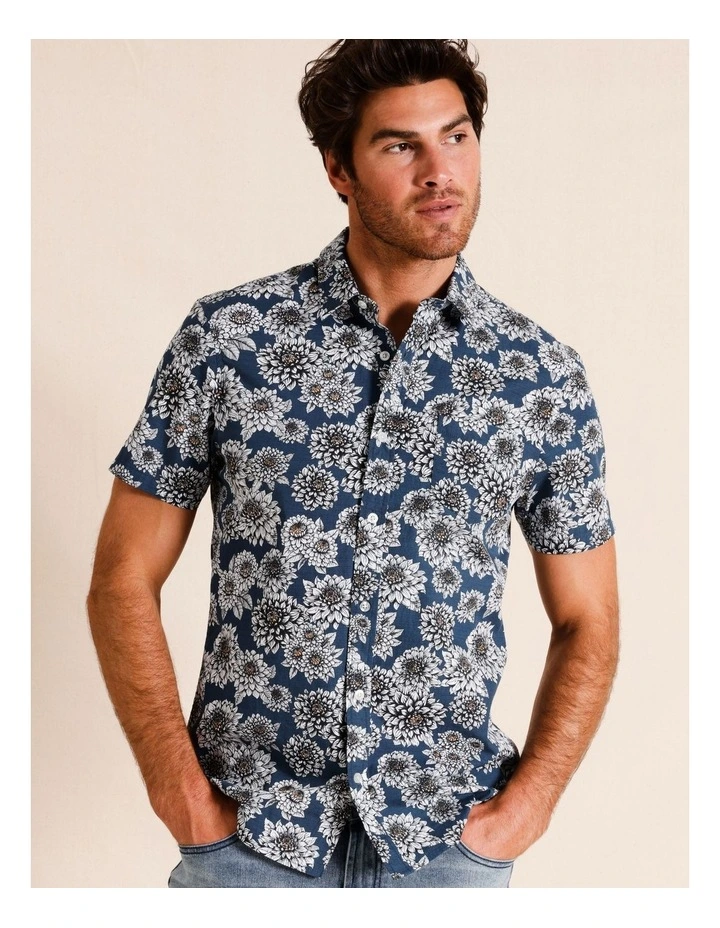 Hey There Dahlia Floral Print Short Sleeve Shirt in Blue