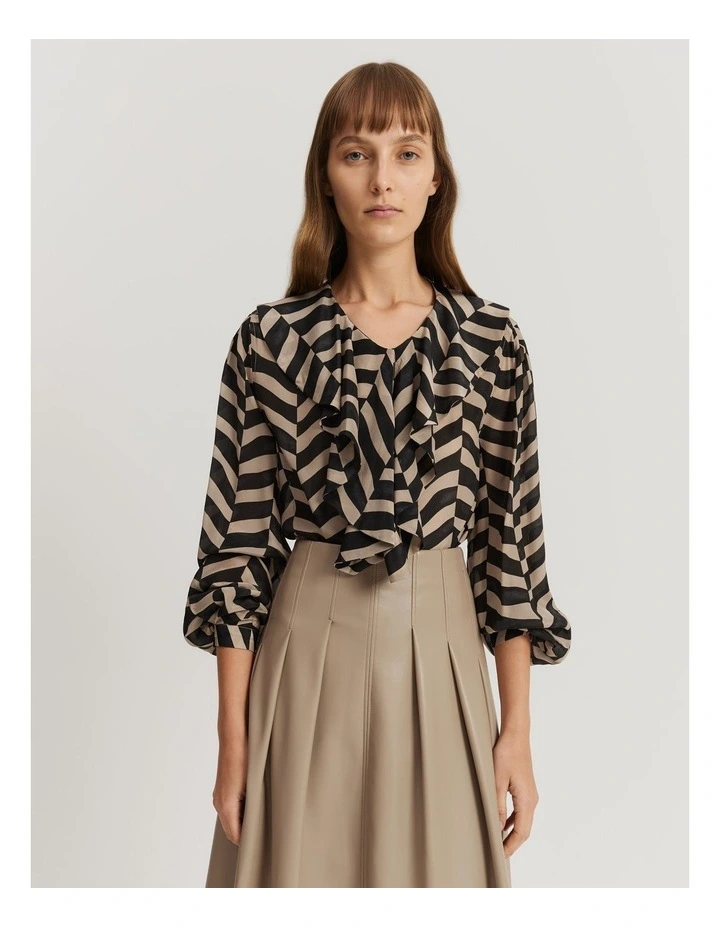 Print Ruffle Detail Blouse in Herringbone