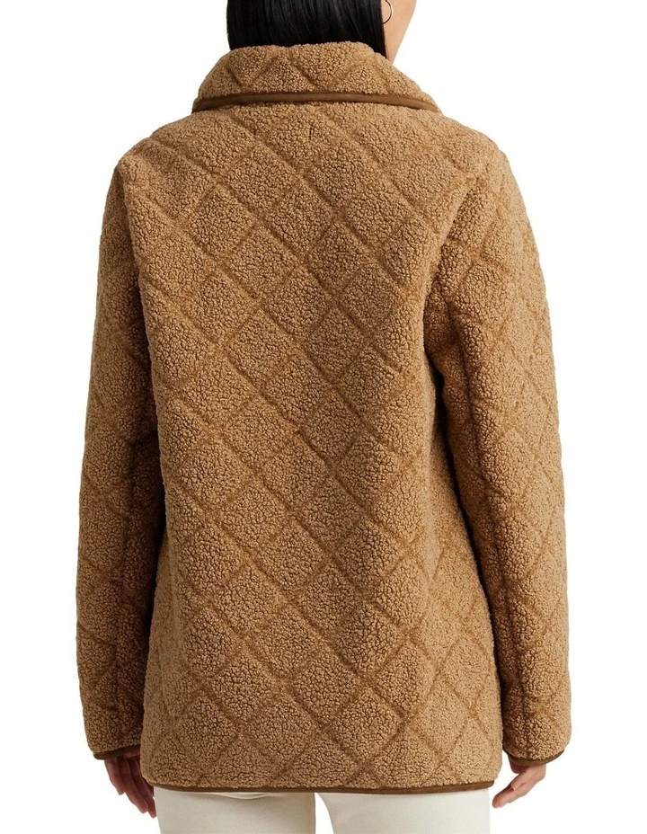 Diamond-Quilted Faux-Shearling Peacoat in Beige