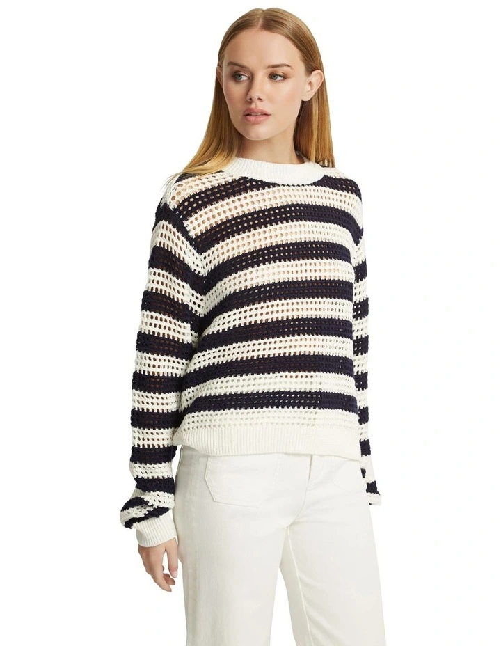 Mia Striped Open Knit Top in Ivory/Navy