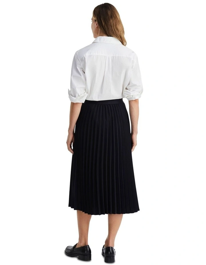 Logo Waistband Pleated Midi Skirt in Blue