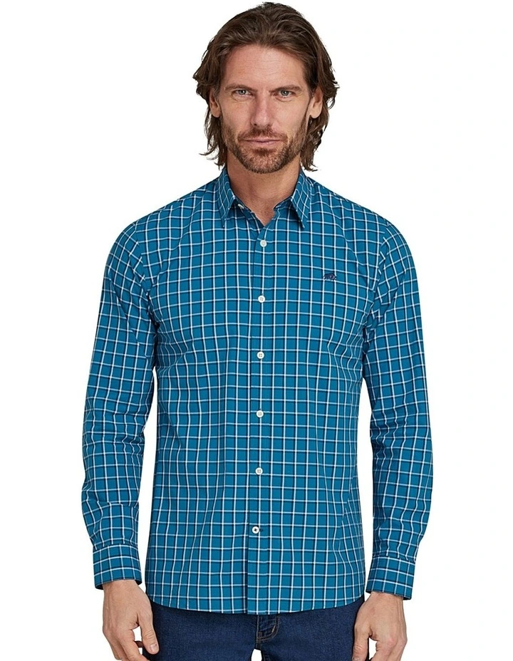 Small Double Check Poplin Long Sleeve Shirt in Mid Blue