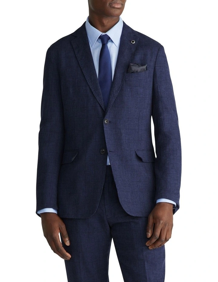 Linen Glen Check Slim Casual Jacket in Blue