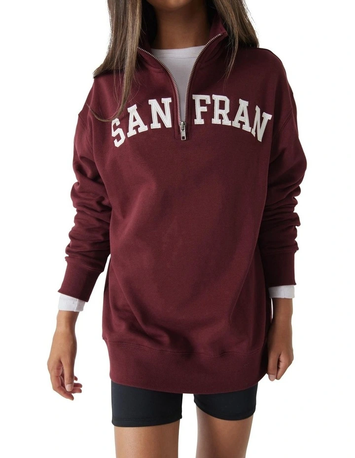 Crew Neck San Fran Zip Pullover in Burgundy