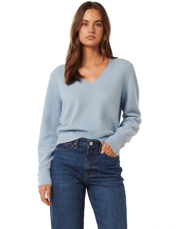 Sabrina Button Cuff Knit Jumper in Blue