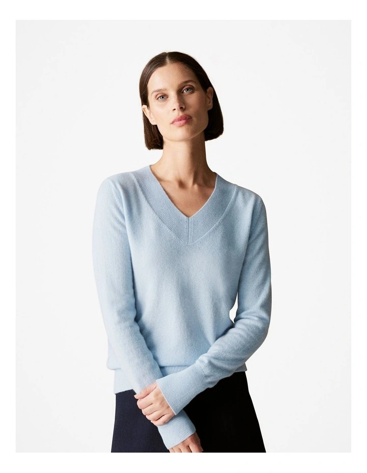 Cashmere Metallic Fleck V Neck Knit in Sky Blue