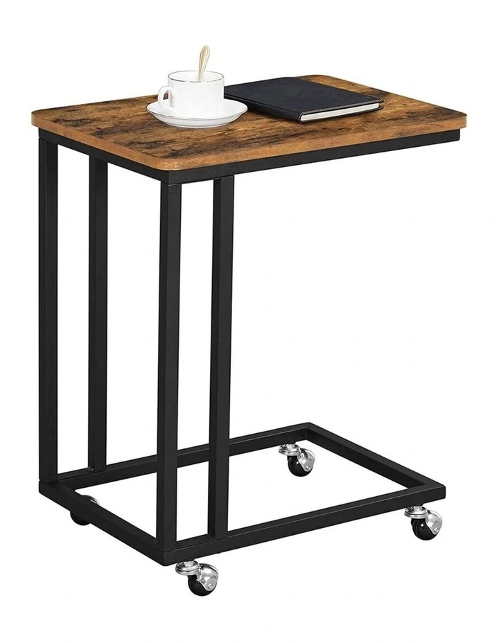 Side Table with Steel Frame and Castors in Rustic Brown/Black