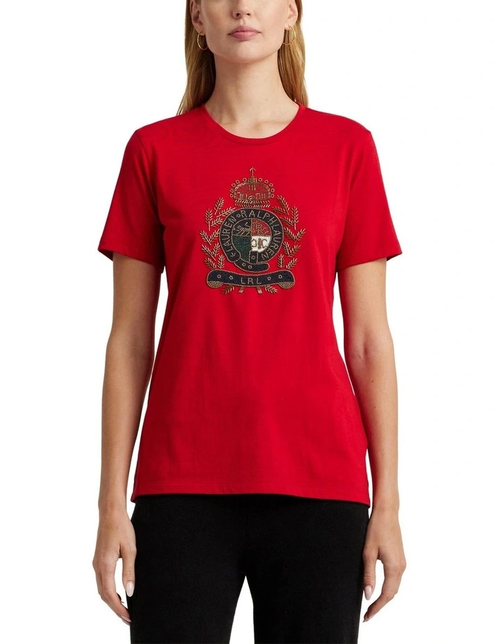 Beaded-Crest Cotton-Blend Jersey Tee in Red