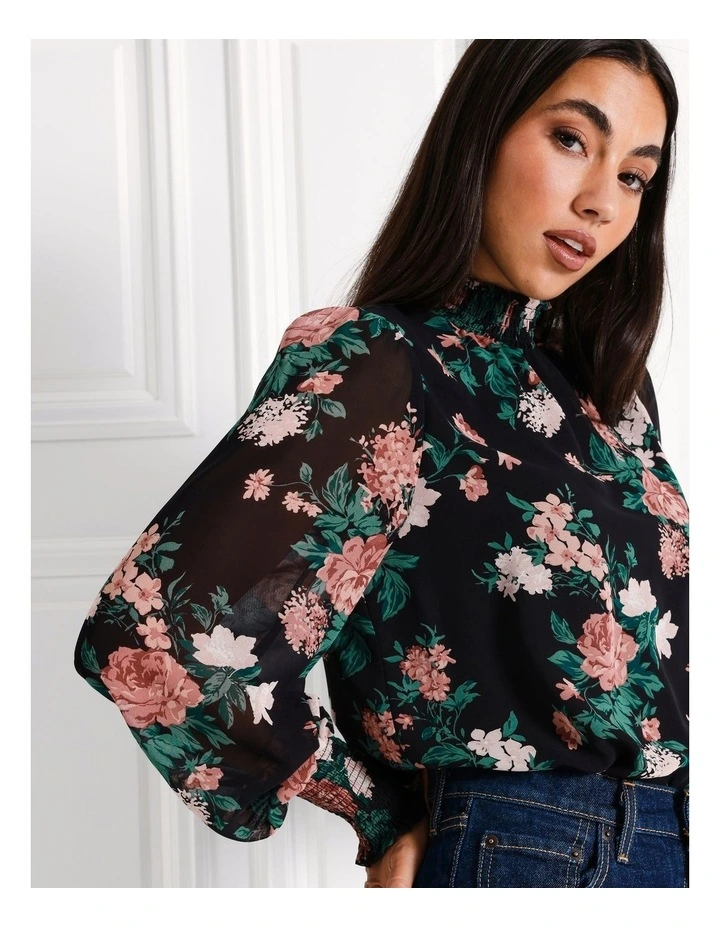 Recycled High Neck Shirred Top in Black