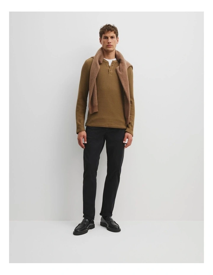 Australian Cotton Blend Waffle Henley Tee in Walnut