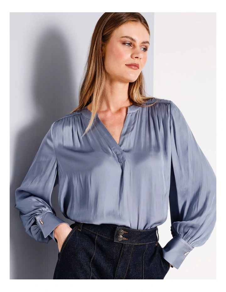 Recycled Polyester V Neck Satin Blouse in Harbour Blue