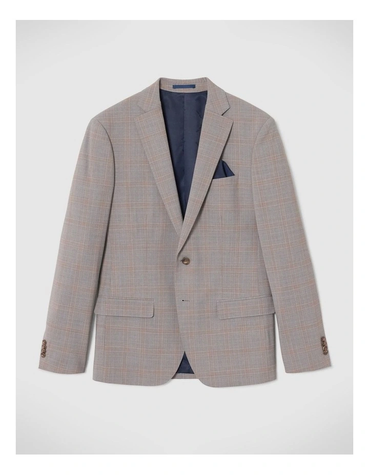 Slim Stretch Wool Blend Tailored Jacket in Grey Check