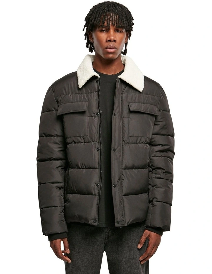 Sherpa Collar Padded Shirt Jacket in Black