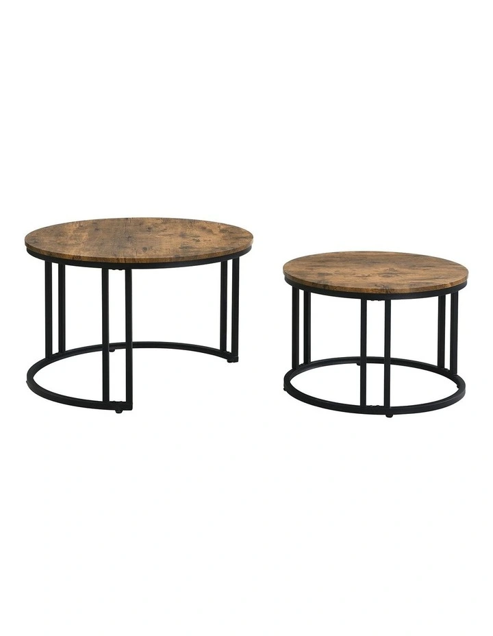 Industrial Round Metal and Wooden Nesting Coffee Table in Rustic Dark Brown