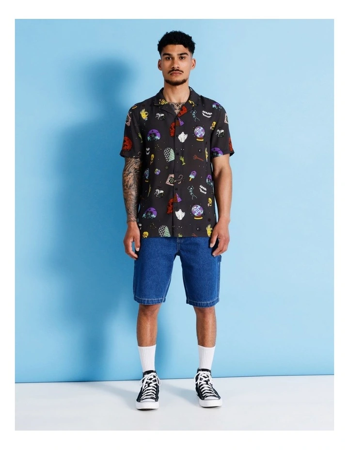 Spooky Season Print Short Sleeve Rayon Shirt in Black