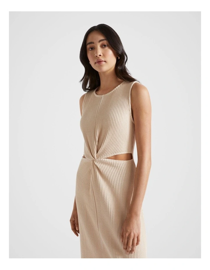 Two Tone Rib Twist Dress in Soft Wheat