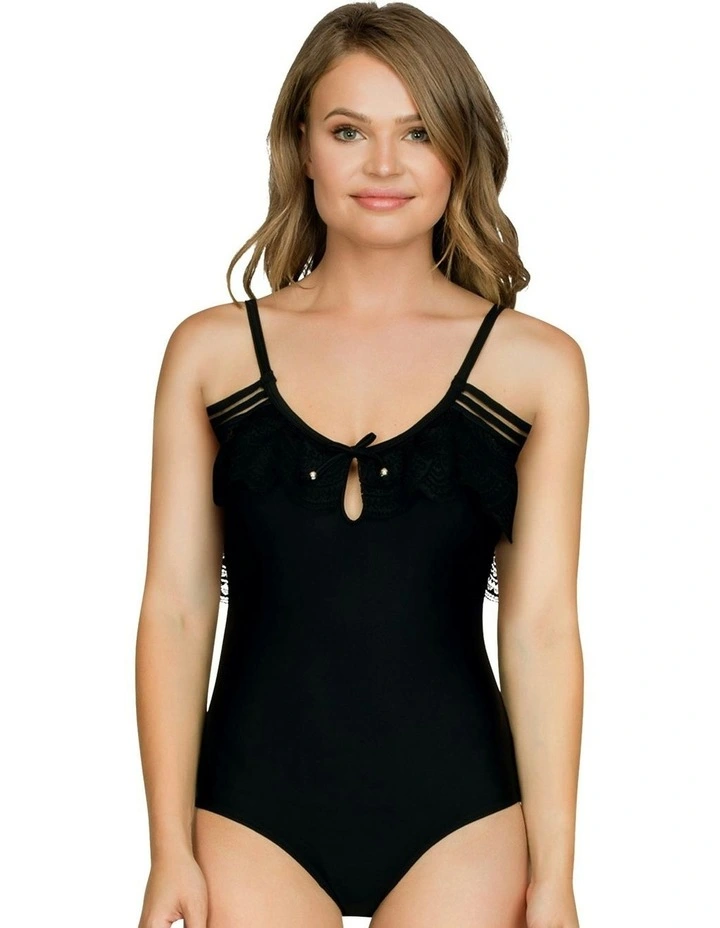 Pure Underwire One Piece Swimsuit With Lace Ruffle in Black