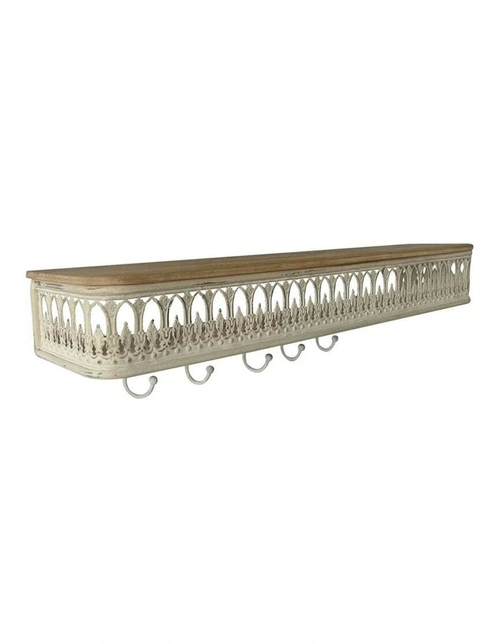 Organiser Wall Shelf with Removeable Hooks in Natural/Distressed White