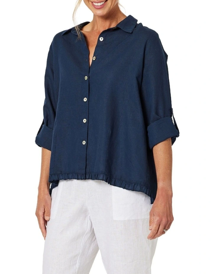 Frill Hem Linen Shirt in Navy