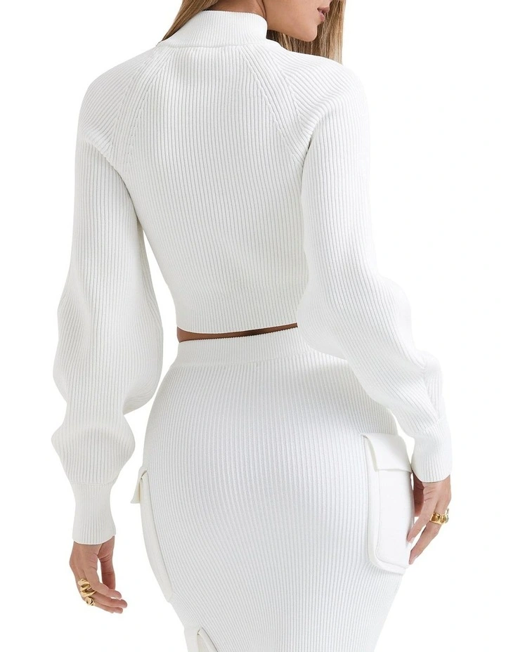 Reeva Balloon Sleeve Ribbed Sweater in White