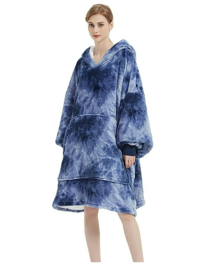 Soft Comfy Fleece Hoodie Blanket in Tie-Dyed Blue