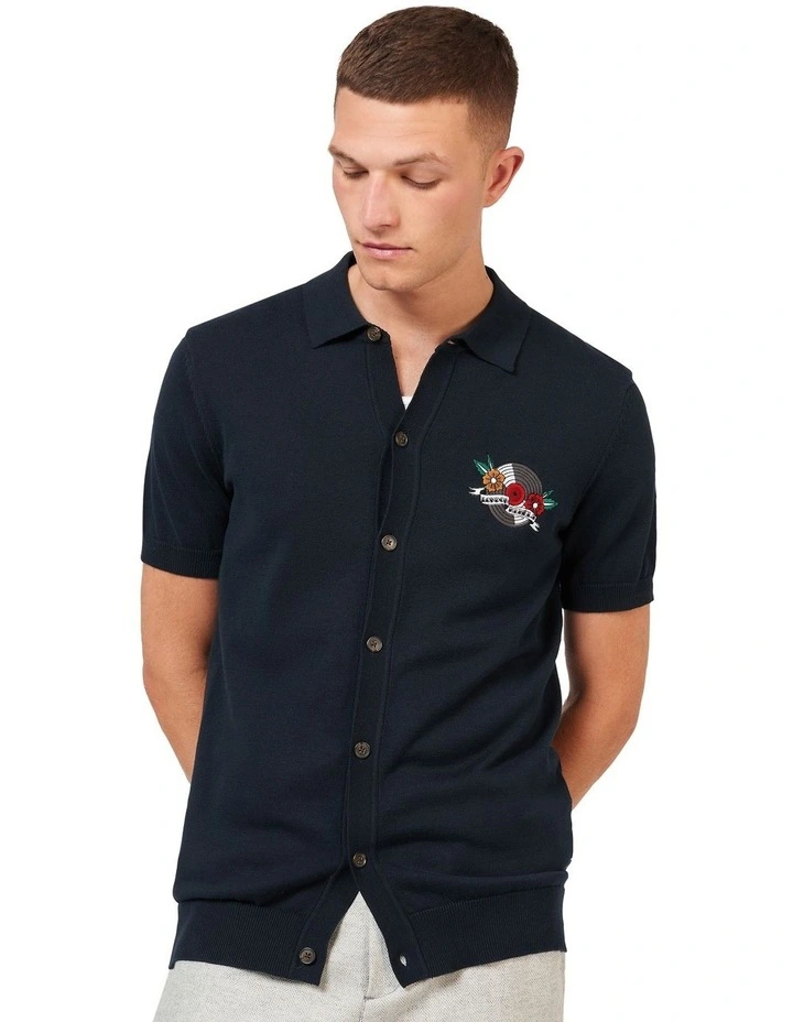 London Rebels Button Through Polo Shirt in Navy