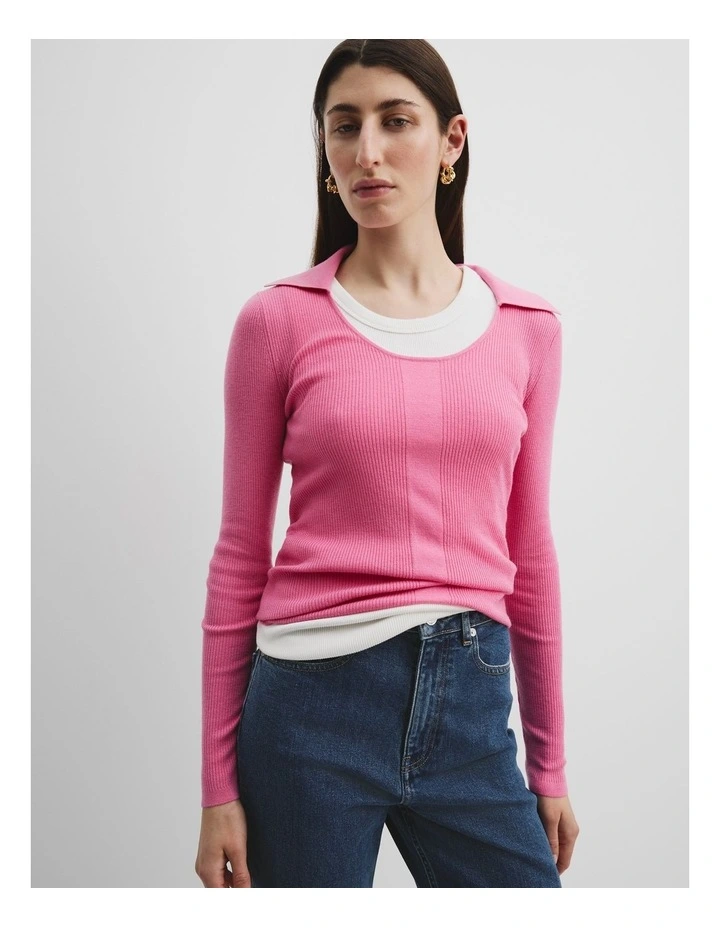 Australian Merino Wool Silk Collared Knit in Pink Punch