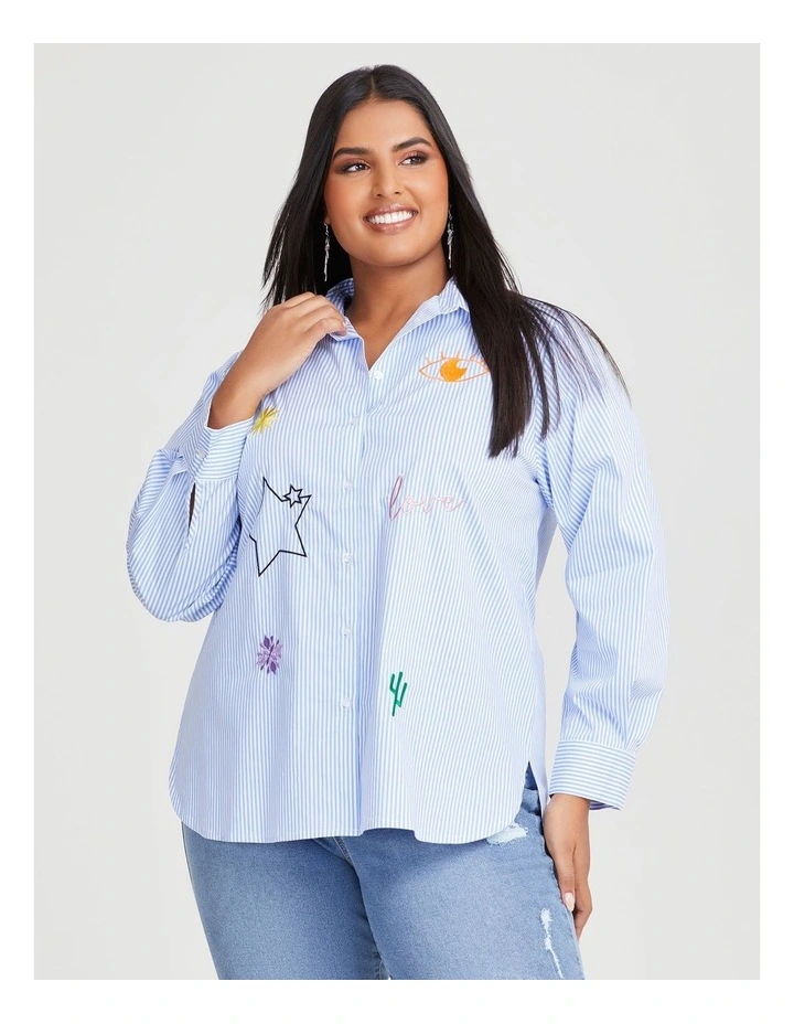 Cotton Stripe Embroidery Shirt in Powder Blue/White